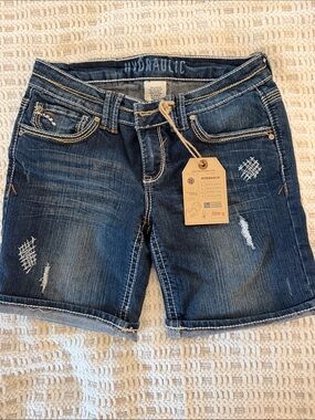 Hydraulic Dark Blue Distressed Denim Bermuda Shorts